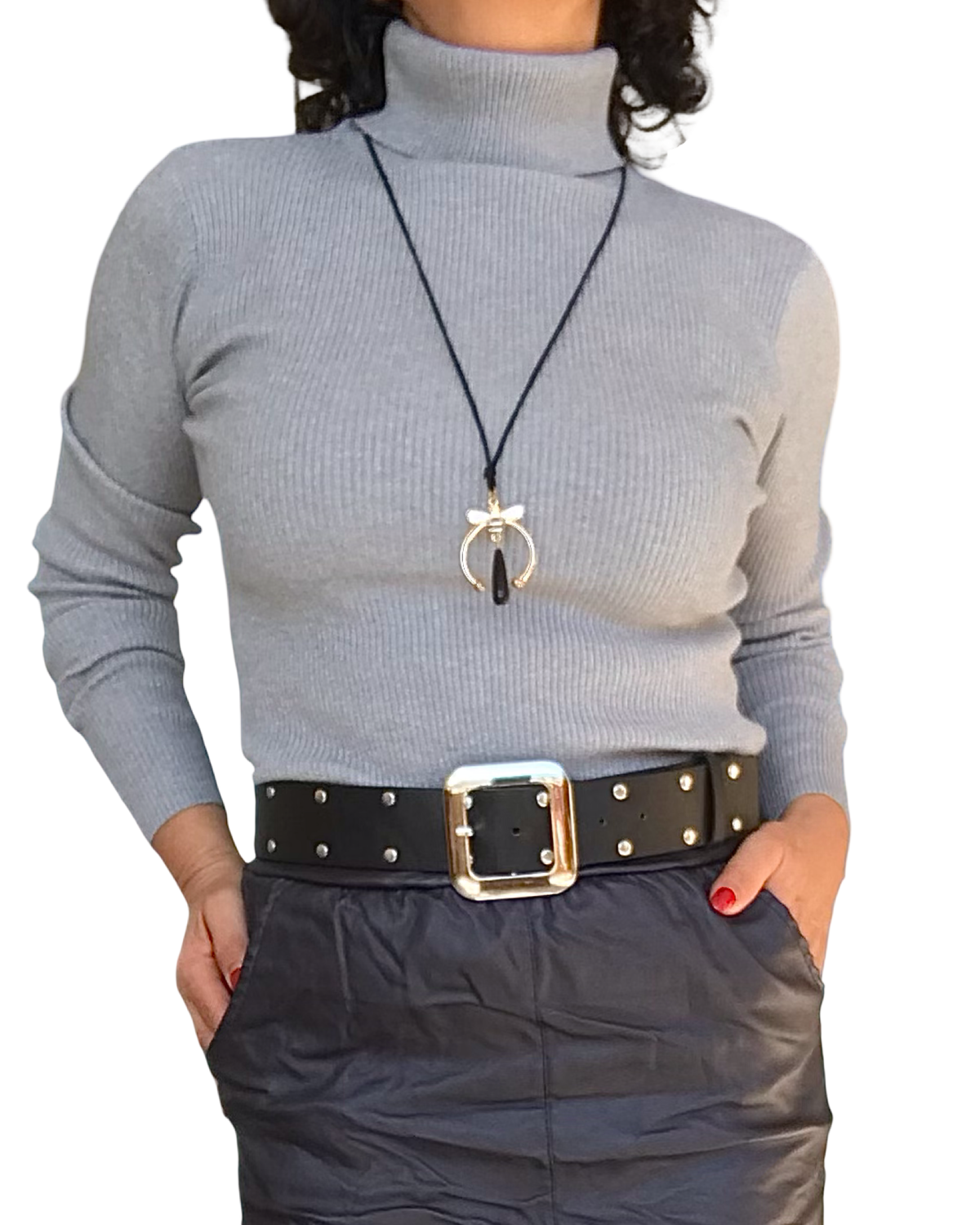 Chandail col roulé uni gris avec lurex argenté