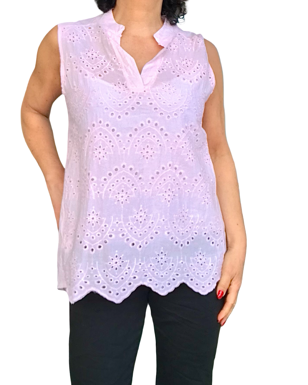 Blouse rose pâle sans manche broderie anglaise devant