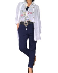 Blouse blanche sans manche petites fleurs bleu, jaune, rose, rouge et vert
