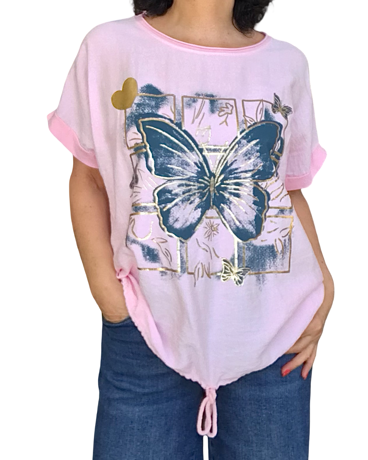 T-shirt rose pâle manche courte avec un cordon au bas et un papillon marine