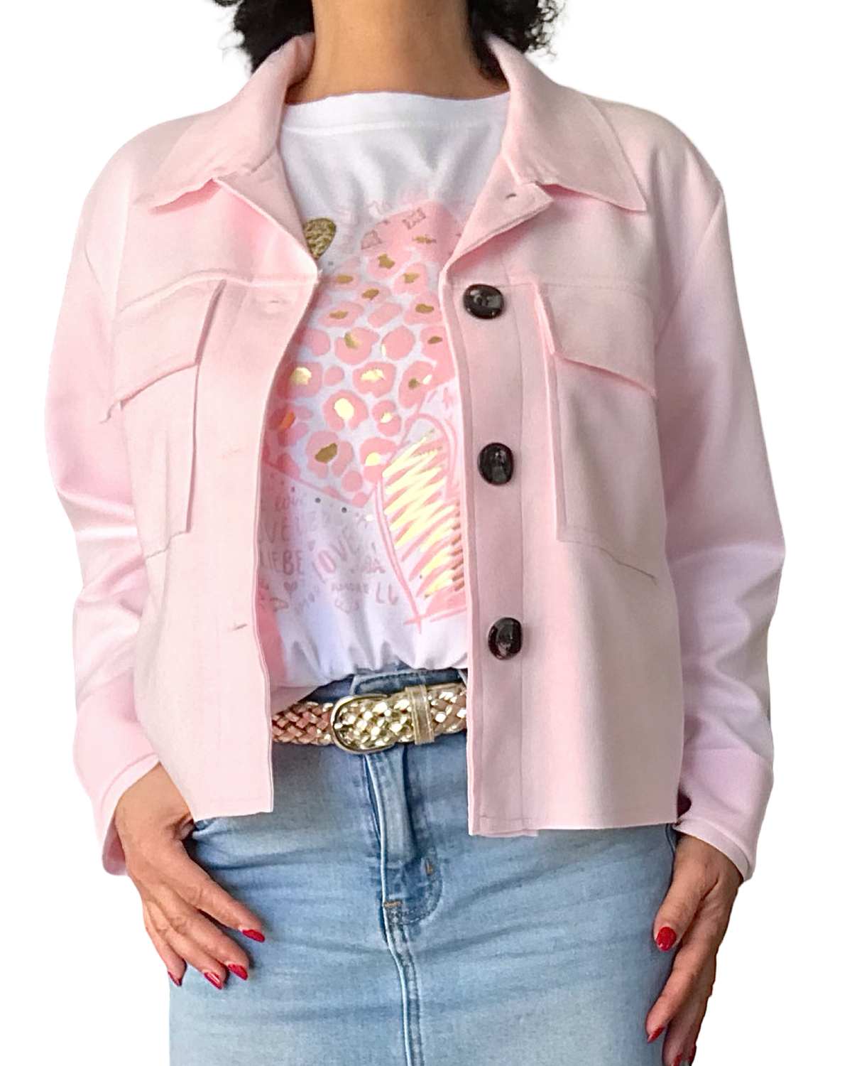 T-shirt blanc avec imprimé de cœurs rose pâle et doré