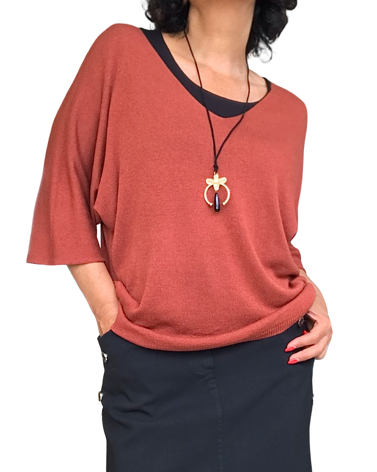 Chandail uni orange brulé , col en V manche 3/4