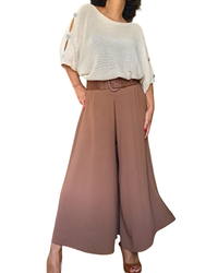 Chandail uni beige en tricot avec ouvertures sur les épaules