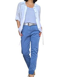 Pantalon bleu jeans à taille élastique avec cordon et 4 boutons décoratifs