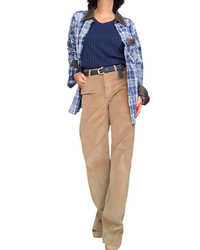 Chandail uni marine en rib col en V manche longue
