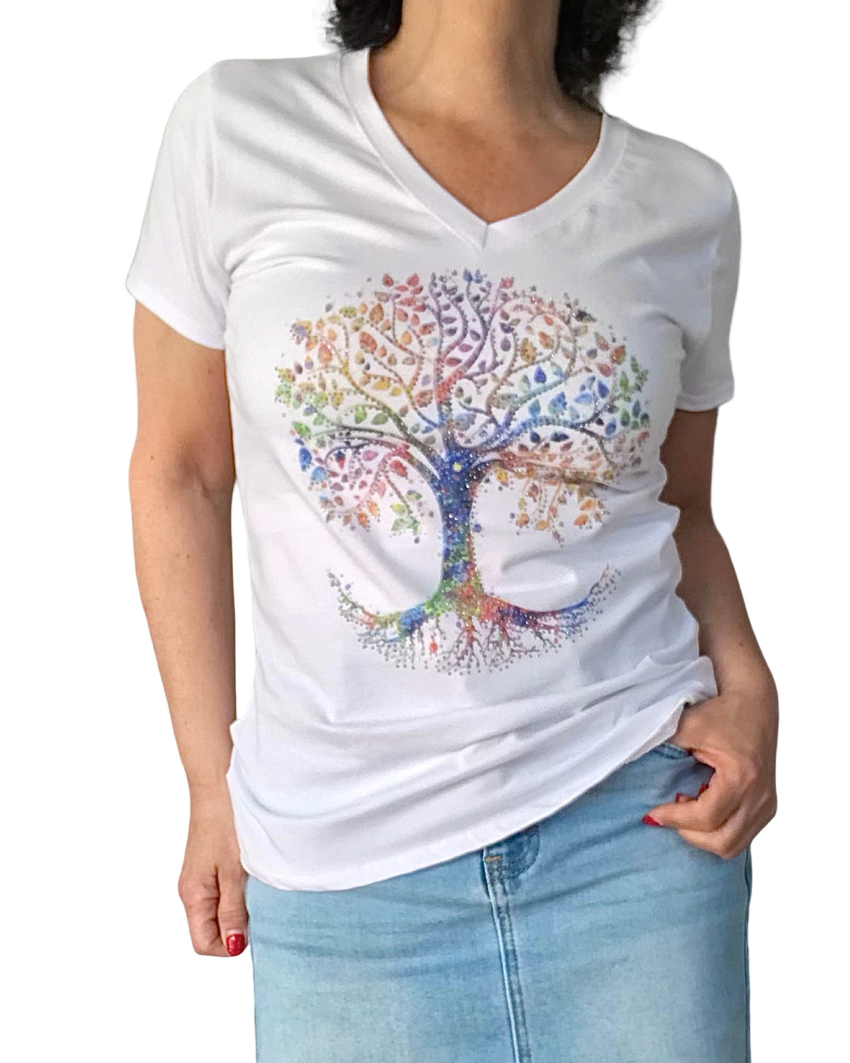 T-shirt blanc arbre de vie multicolore col en V