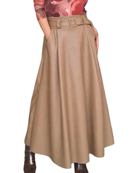 Jupe longue camel en similicuir, coupe ligne A