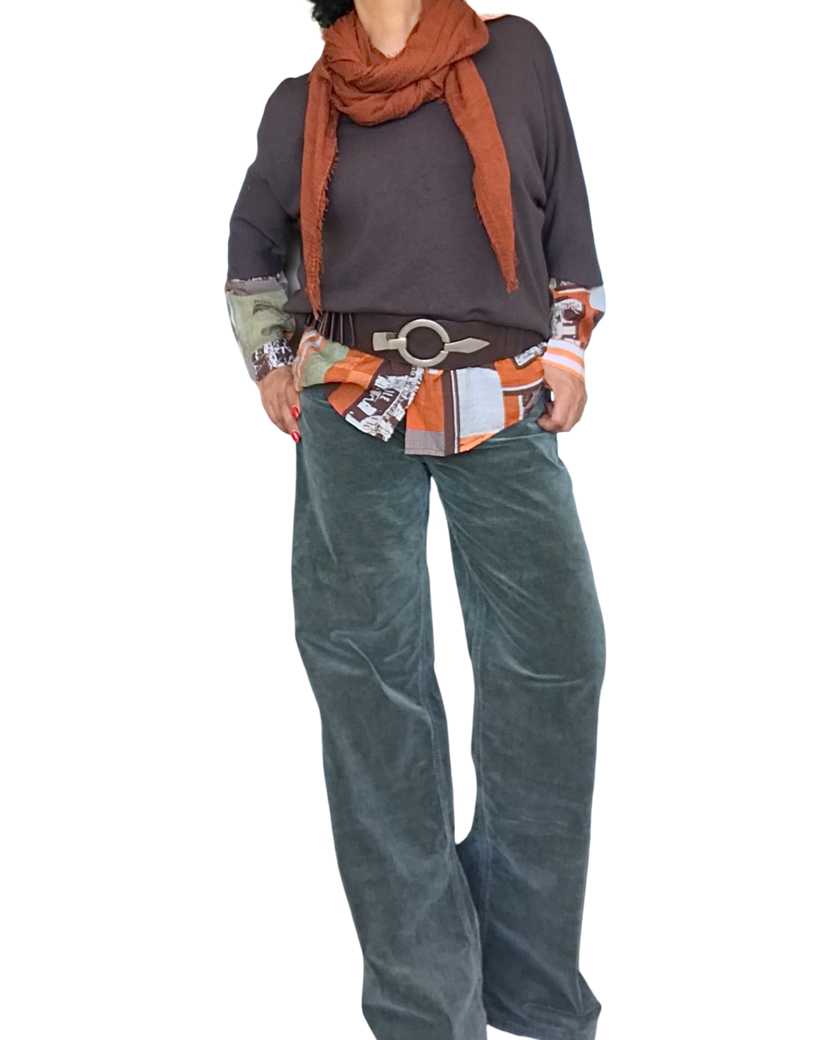 Chemise à manche longue, imprimé abstrait orange, beige, kaki, brun