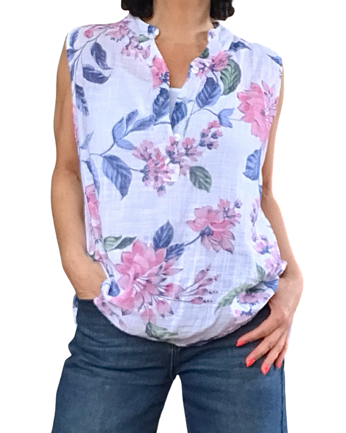 Blouse blanche sans manche grosses fleurs rose, marine et kaki