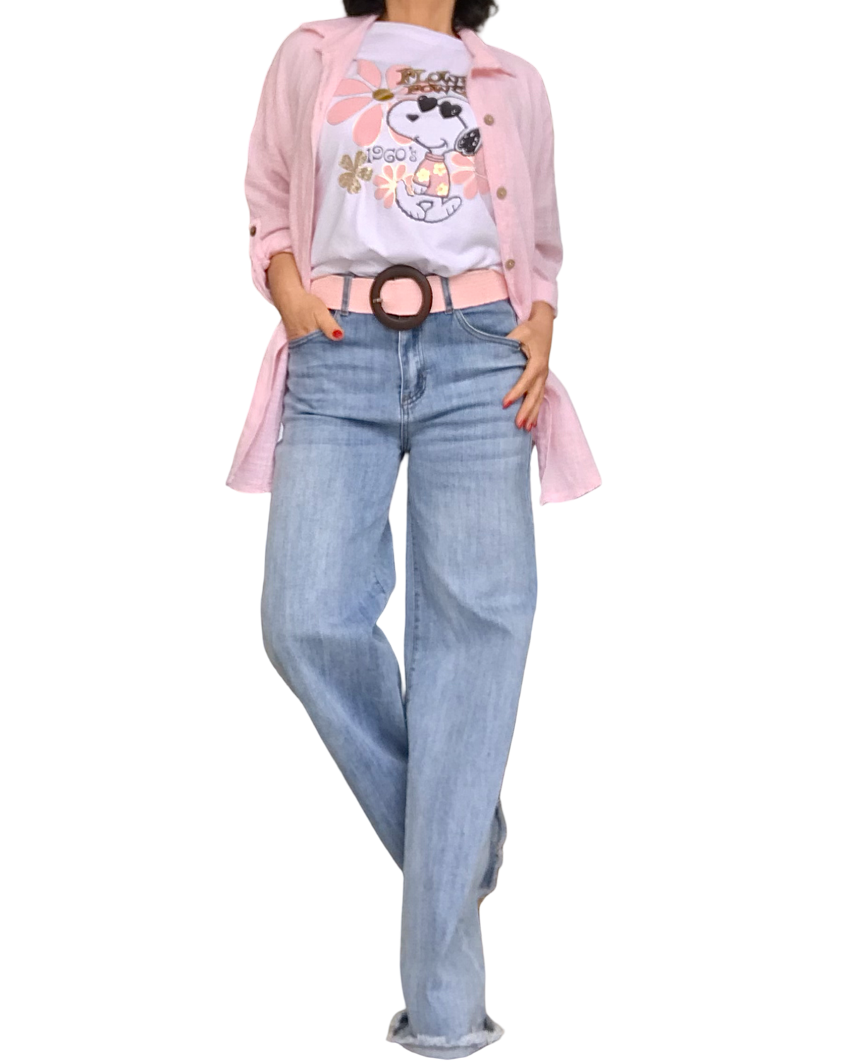 Chemise rose pâle unie à manche 3/4 col chemise