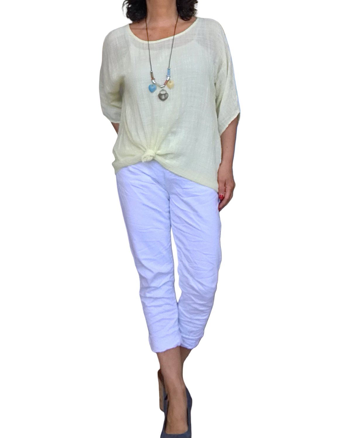 Blouse unie jaune pâle à manches courtes, col rond