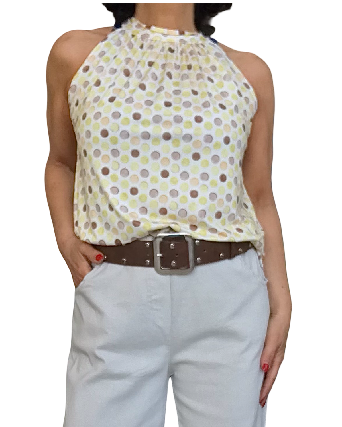 Camisole noué au cou blanc cassé à pois jaune pale et moka