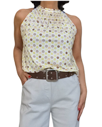 Camisole noué au cou blanc cassé à pois jaune pale et moka