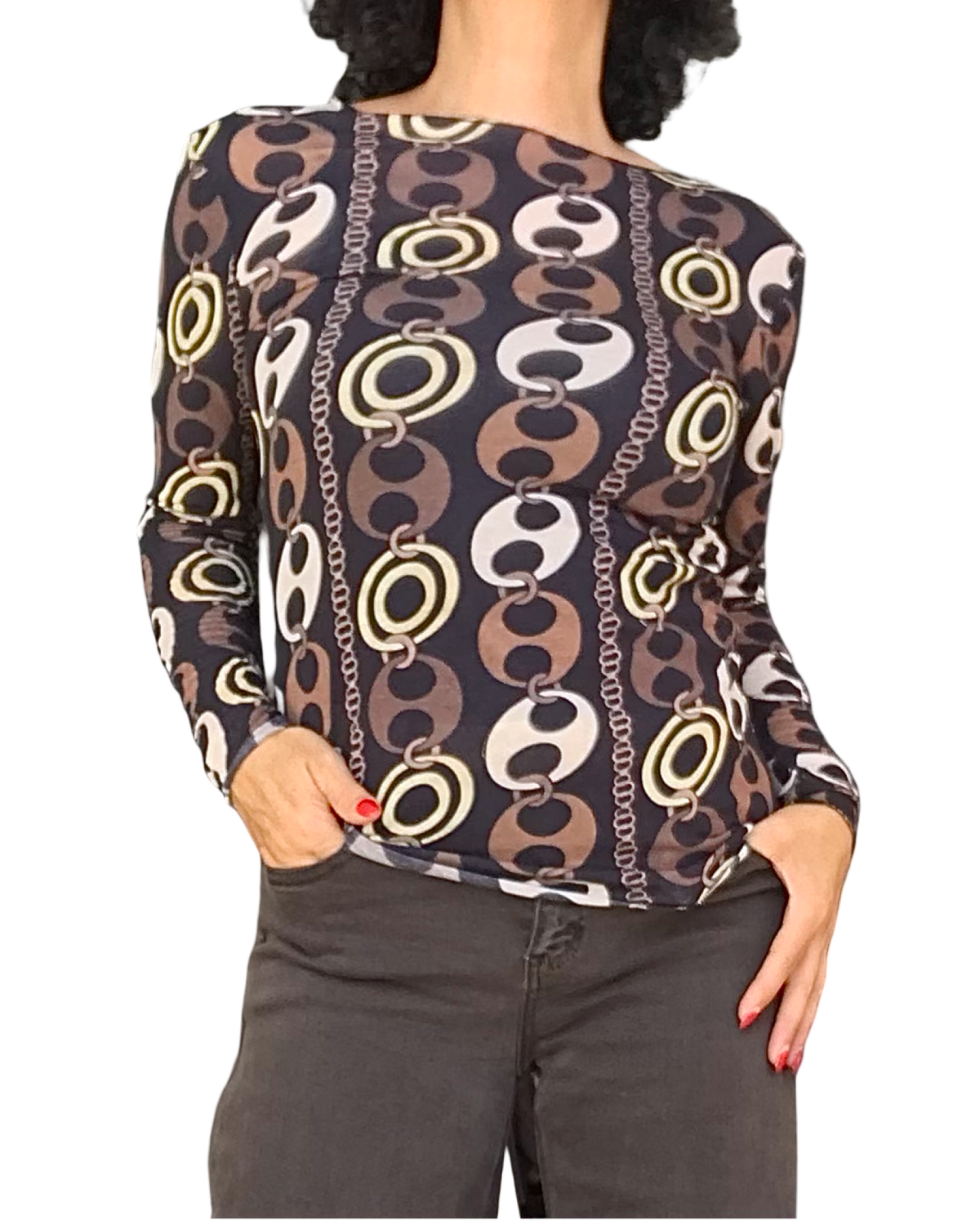T-shirt manches longues noir à motif de grosses mailles et chaînes, col rond – vue de face