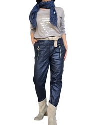 Pantalon bleu nuit en similicuir à taille élastique avec cordon garni de zip