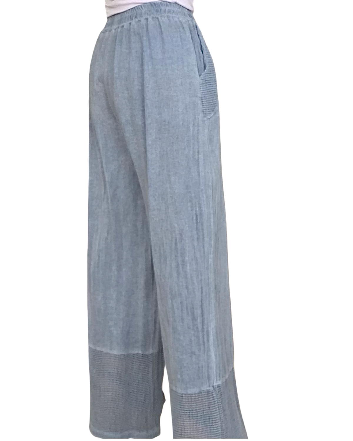 Pantalon bleu jeans délavé taille élastique, avec garniture en filet au bas