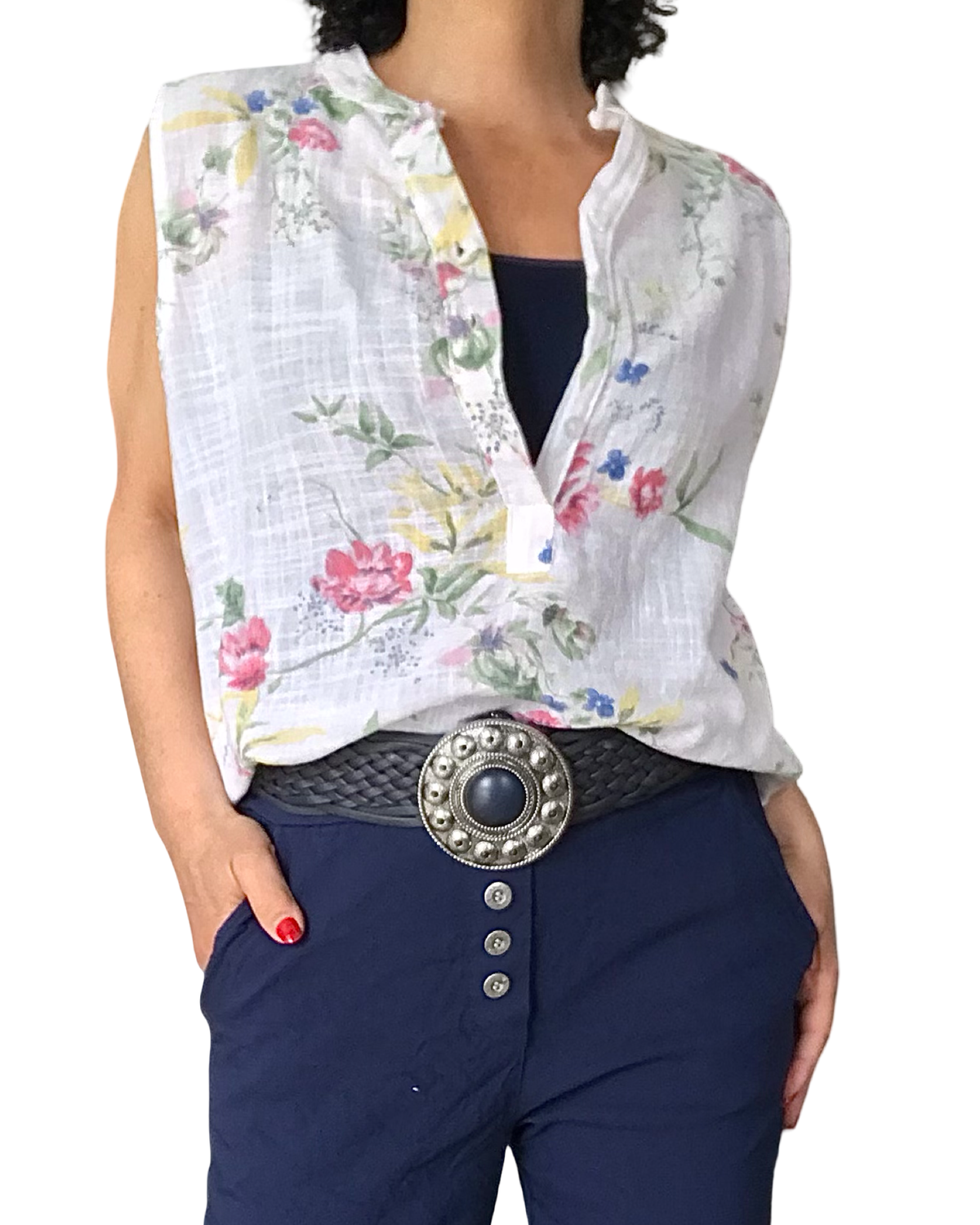 Blouse blanche sans manche petites fleurs bleu, jaune, rose, rouge et vert