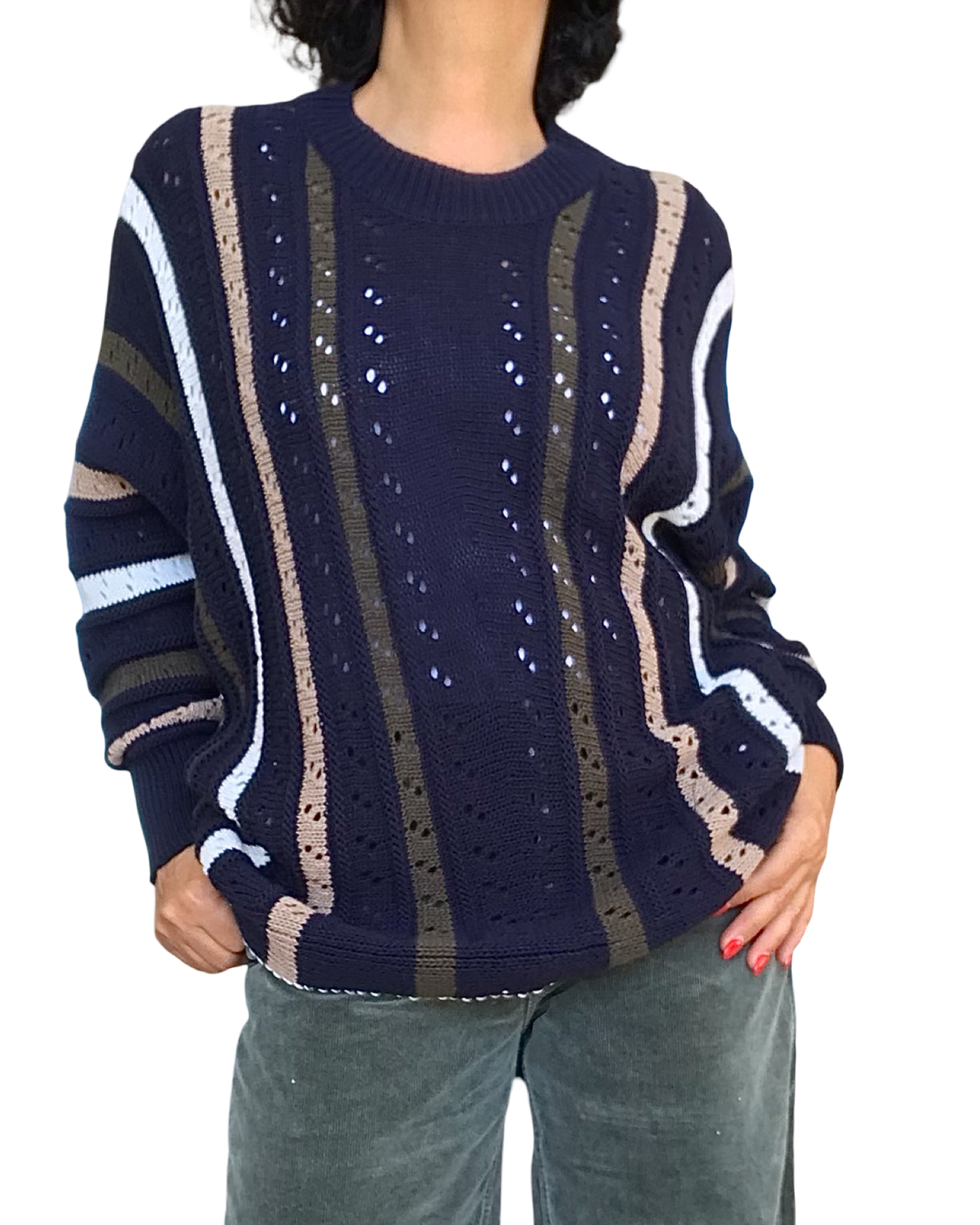 Chandail en tricot marine en pointel rayures verticales, manche longue