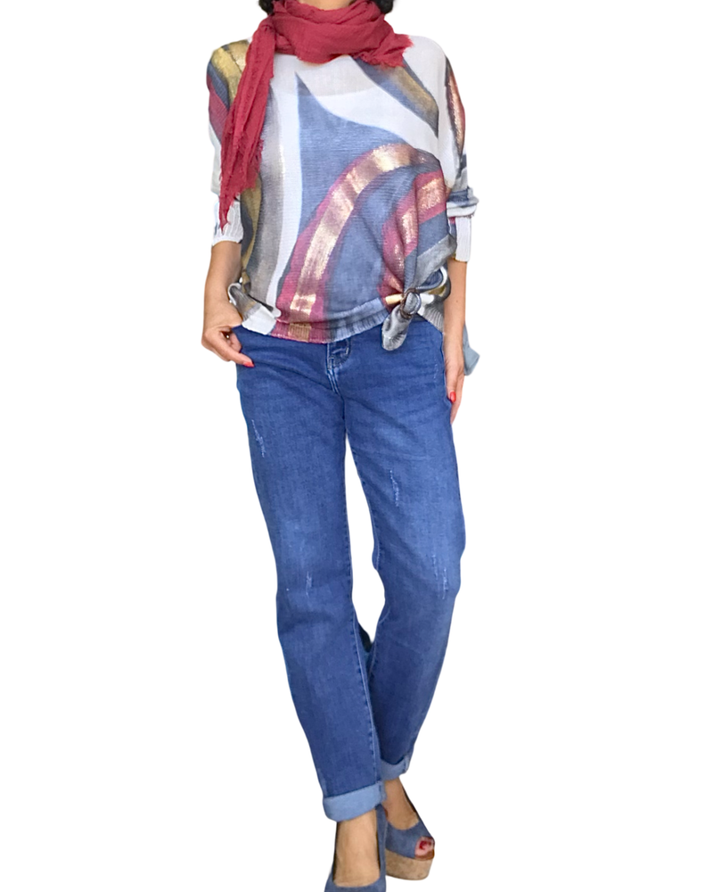 Chandail imprimé abstraits crème, rouge vin, gris et marine avec des traits dorés