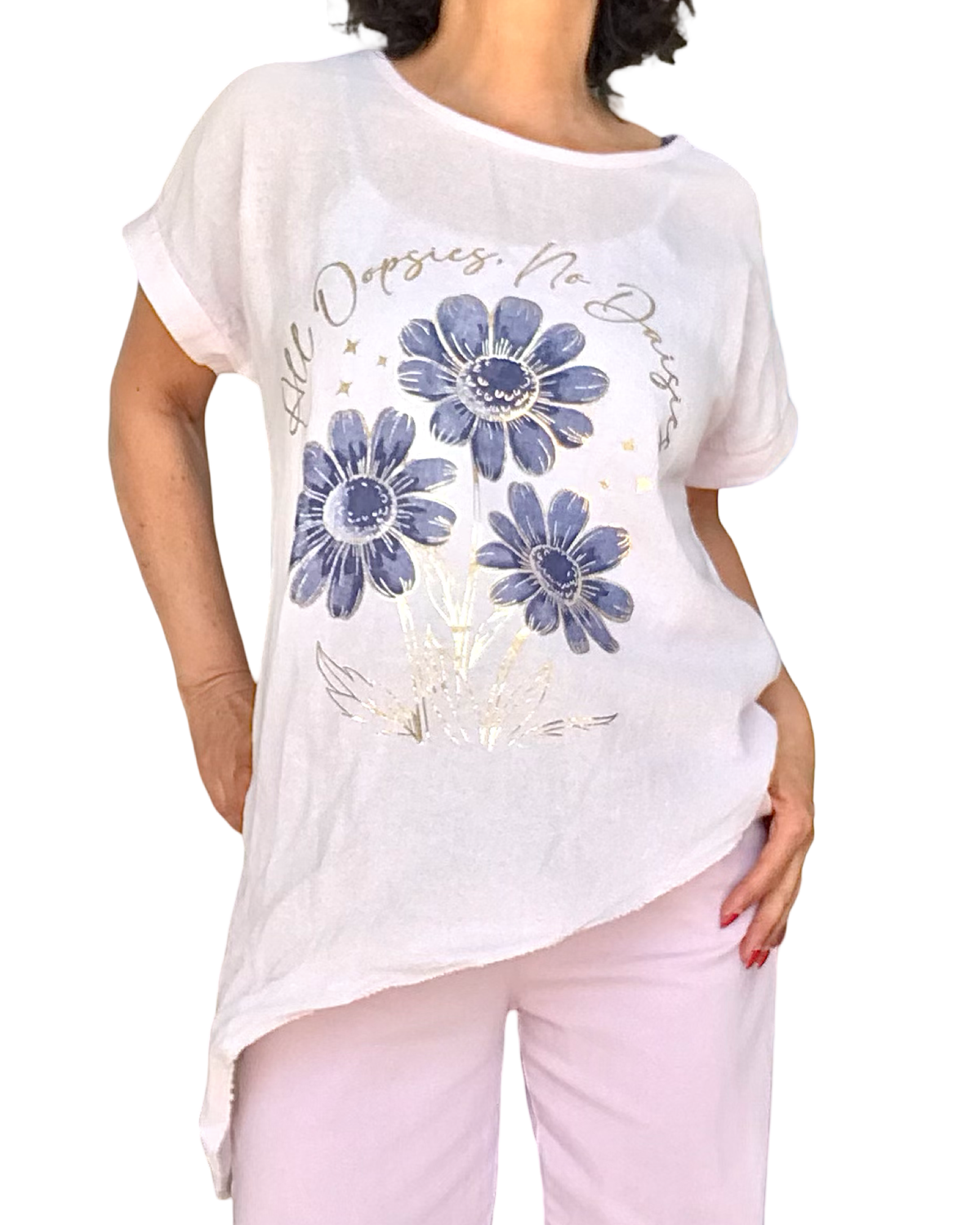 Blouse rose pâle manche courte avec 3 marguerites marines