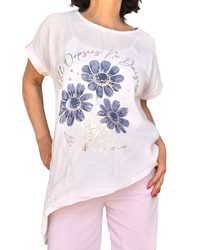 Blouse rose pâle manche courte avec 3 marguerites marines