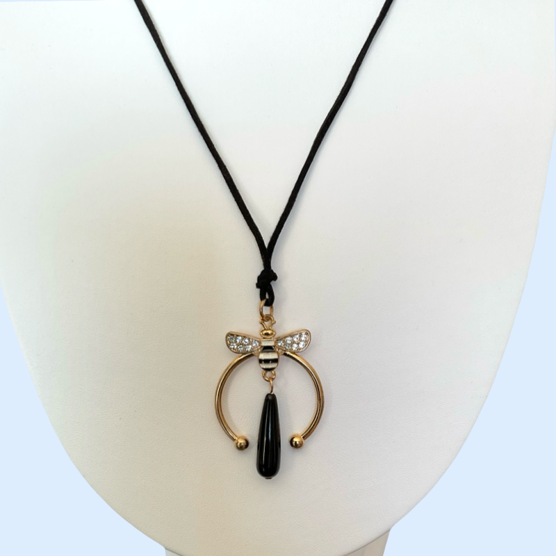 Bijoux | Collier en corde noire avec pendentif en forme d’abeille doré et noir