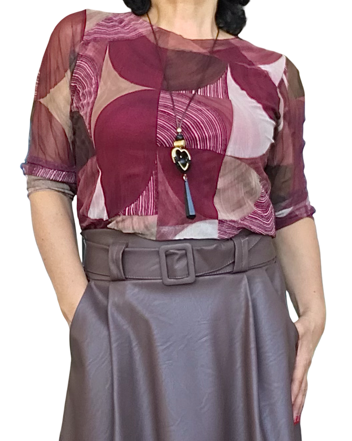 Chandail à manches longues en voile imprimé de demi-cercles bourgogne, brun et beige