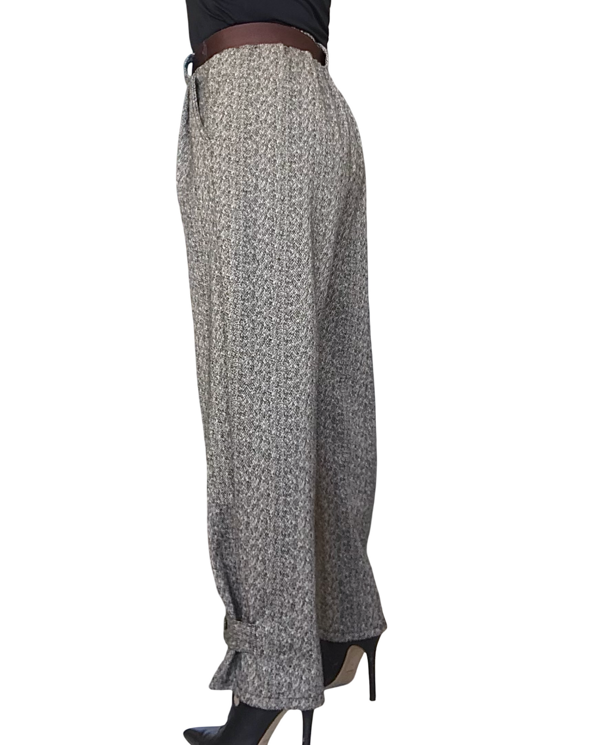 Pantalon tweedé baggy brun et beige, 7/8 taillé élastique – photo 5
