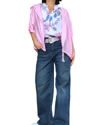 Blouse blanche sans manche grosses fleurs rose, marine et kaki