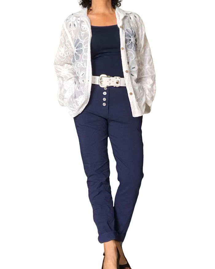 Pantalon marine à taille élastique avec 4 boutons sur la boutonnière et cordon