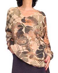 T-shirt manche longue Camel grosses fleurs noir et brune col en V