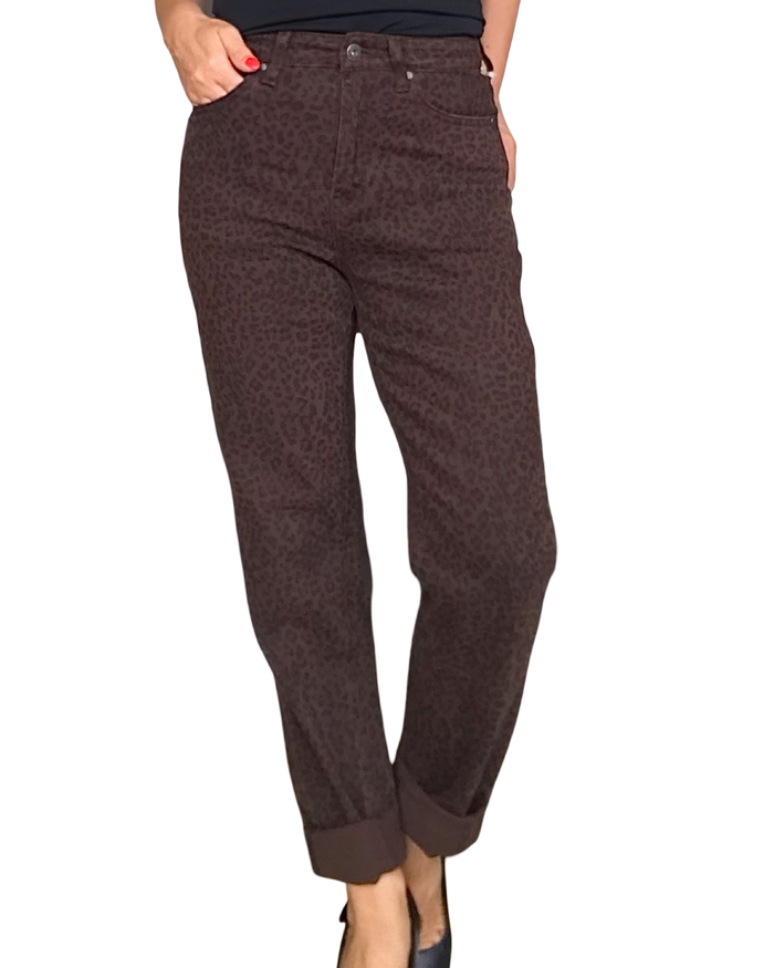 Pantalon brun imprimé léopard noir, coupe cigarette 28 pouces de jambes