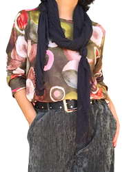 T-shirt manche longue kaki col rond imprimé de cercles rouille, crème, brun et blanc