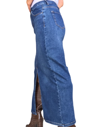 Jupe jeans longue bleu moyen 31 pouces, taille au nombril