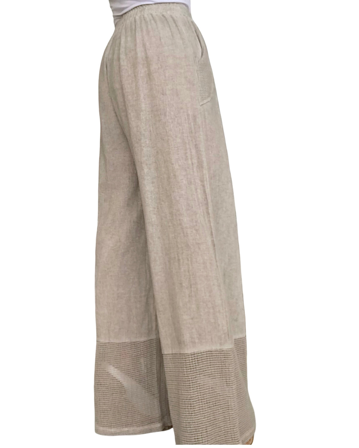 Pantalon beige délavé taille élastique, avec garniture en filet au bas