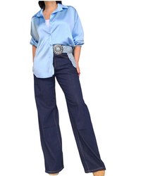 Chemise bleu ciel en satin à manche longue