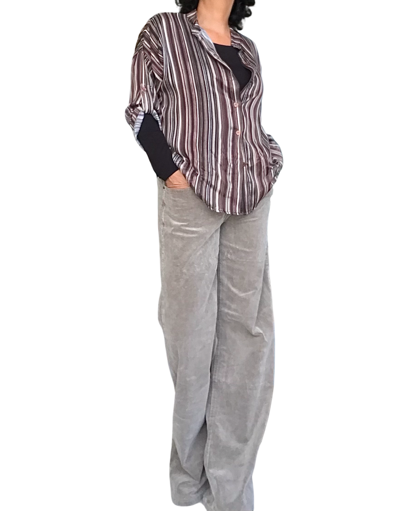 Chemise noir à rayures verticales, manche 3/4 en voile