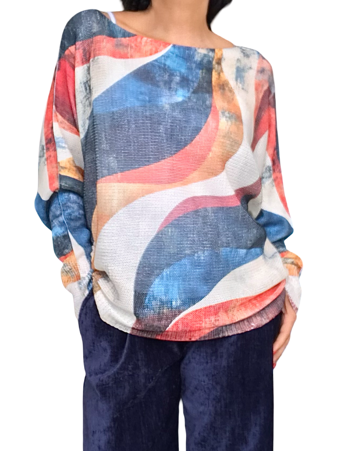 Chandail imprimé géométrique coloré, manche chauve-souris, fond crème