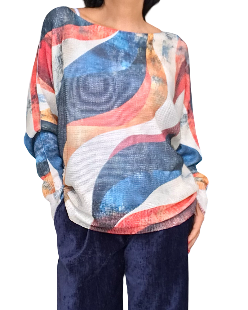 Chandail imprimé géométrique coloré, manche chauve-souris, fond crème