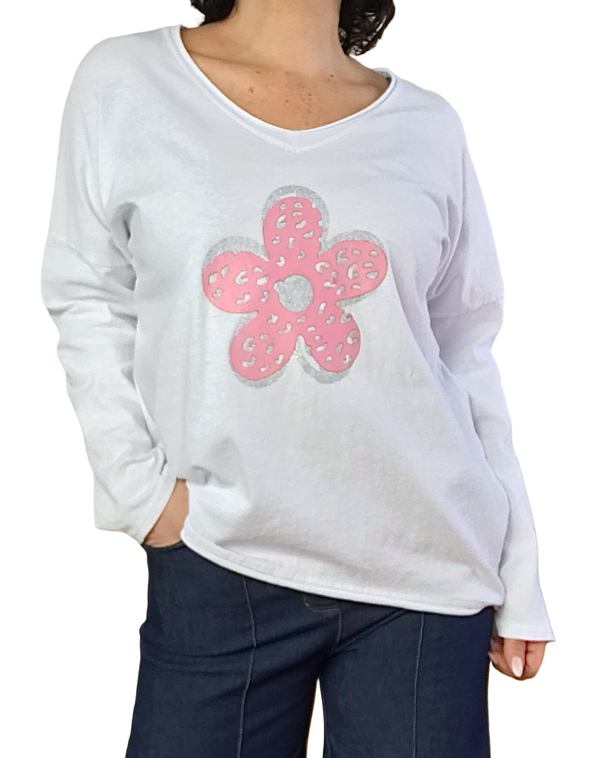 T-shirt blanc col V manche longue une fleur rose et argentée
