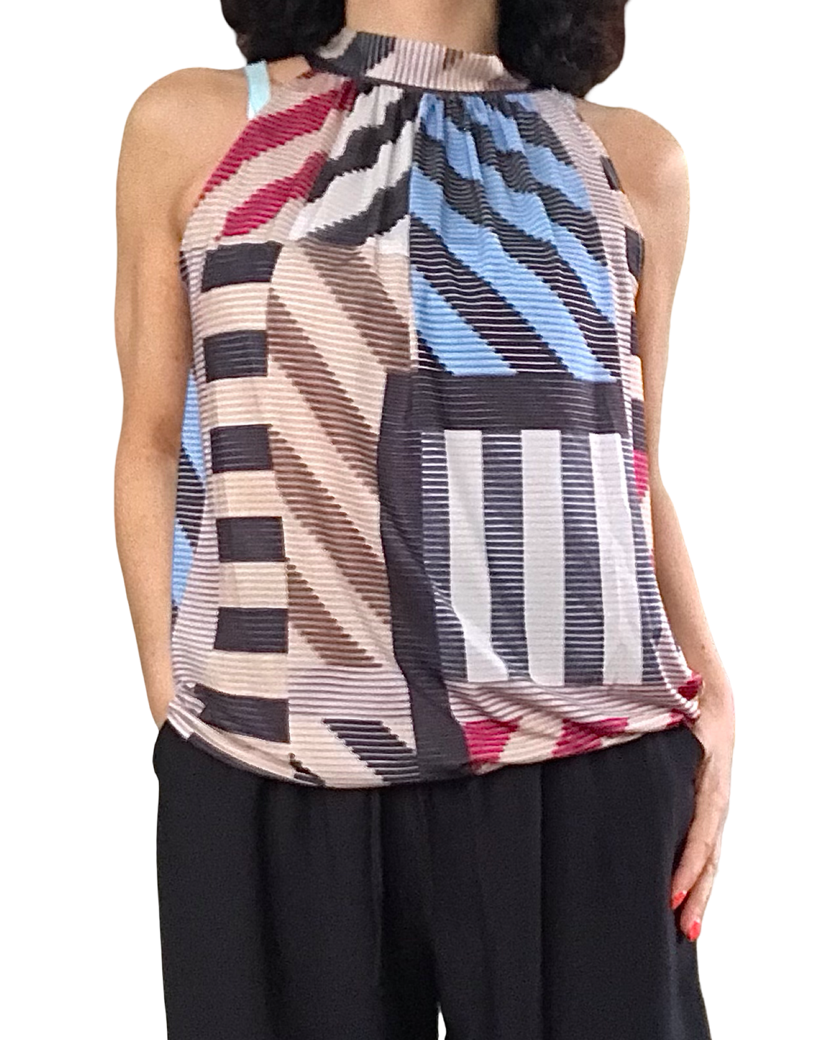 Camisole noué au cou motif géométrique noir, rouge, bleu, beige et blanc cassé