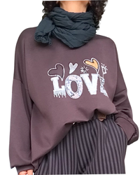Chandail uni brun col rond en jersey « Love »( livraison 30 septembre)