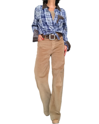 Chemise à carreaux marine, gris et blanc avec similicuir brun délavé