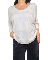 Chandail uni beige, col en V manche 3/4