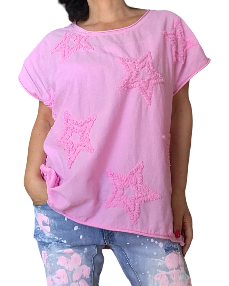 T-shirt uni garni de plusieurs étoile texturées devant col rond