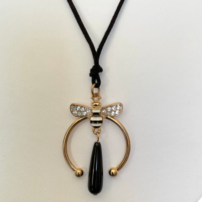 Bijoux | Collier en corde noire avec pendentif en forme d’abeille doré et noir