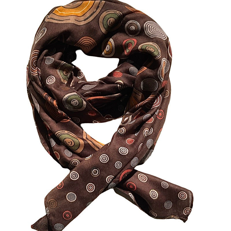 Foulard brun motif de cercles colorés 100% viscose
