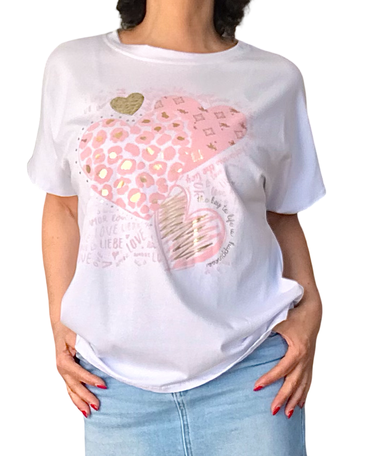 T-shirt blanc avec imprimé de cœurs rose pâle et doré