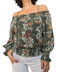 Blouse courte romantique en voile fleuri kaki, beige et brun avec bas en nid d’abeille – vue de face