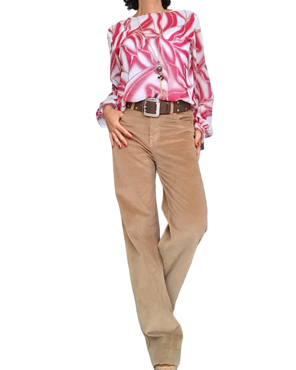 Blouse romantique en voile motif d’Arty crème et bourgogne, manches longues